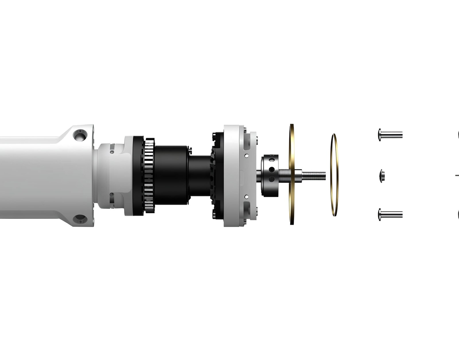 Exploded robot arm joint: servo motor, harmonic drive, cross-roller bearing and cap screws, with the off-the-shelf parts called out