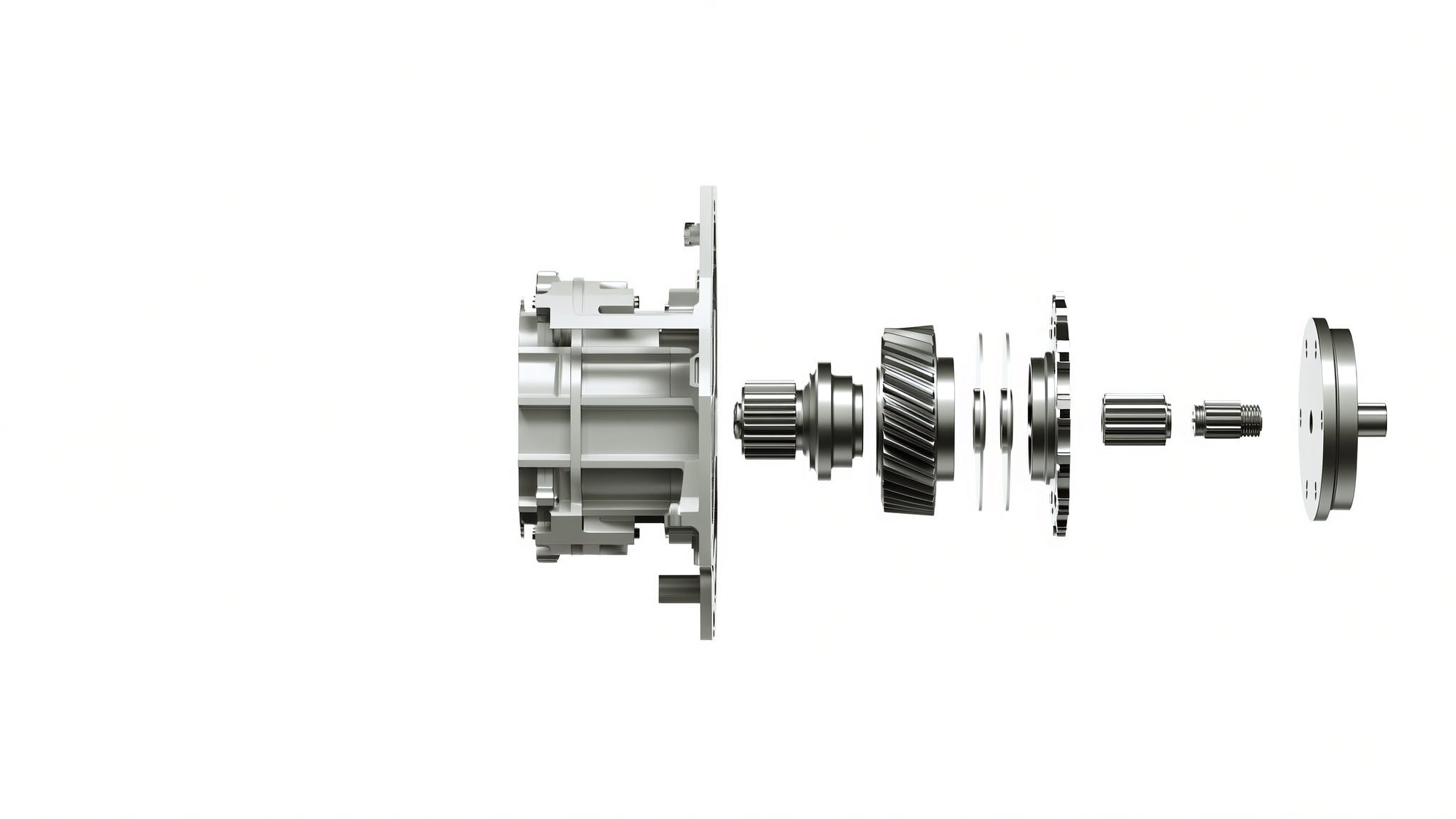 Exploded view of a single-stage gearbox: housing and flange, input pinion, helical spur gear, bearing and output shaft