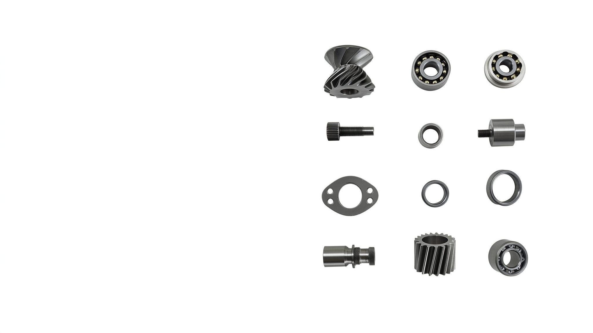 Twelve machined parts laid out in a grid: gears, bearings, bolts and a gasket