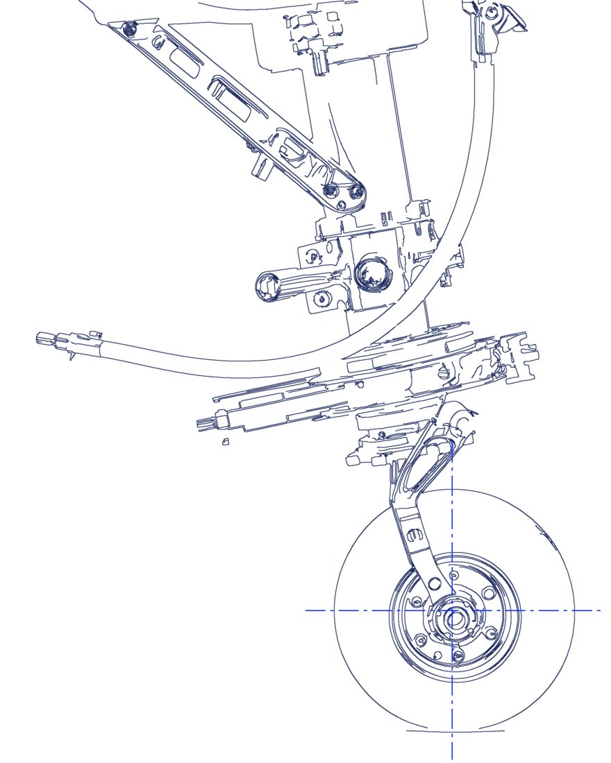 Line drawing of an aircraft nose landing gear with its off-the-shelf parts called out: an AN bolt, a rod end and the wheel bearing