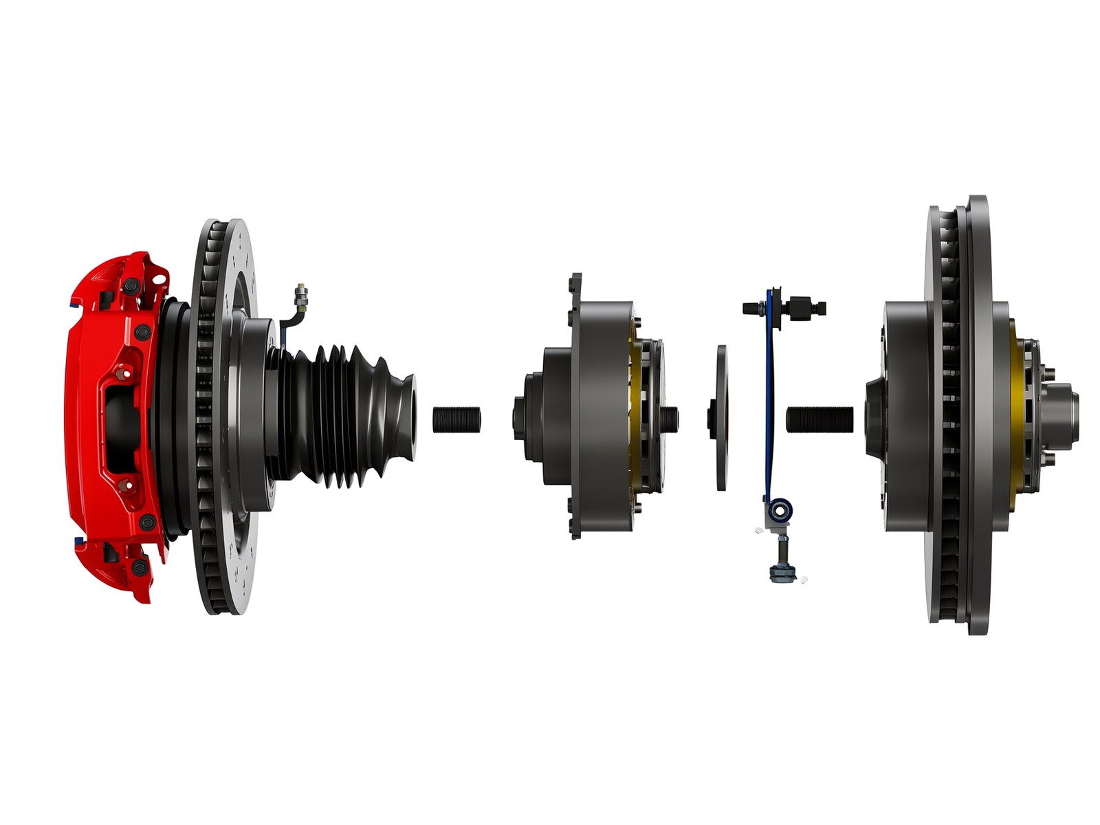 Exploded car wheel end: brake caliper and rotor, CV boot, hub bearing and tie rod, with the off-the-shelf parts called out
